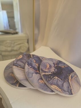 Set of 4 Navy Blue & Gold Marble Ceramic Absorbent Drink Coasters